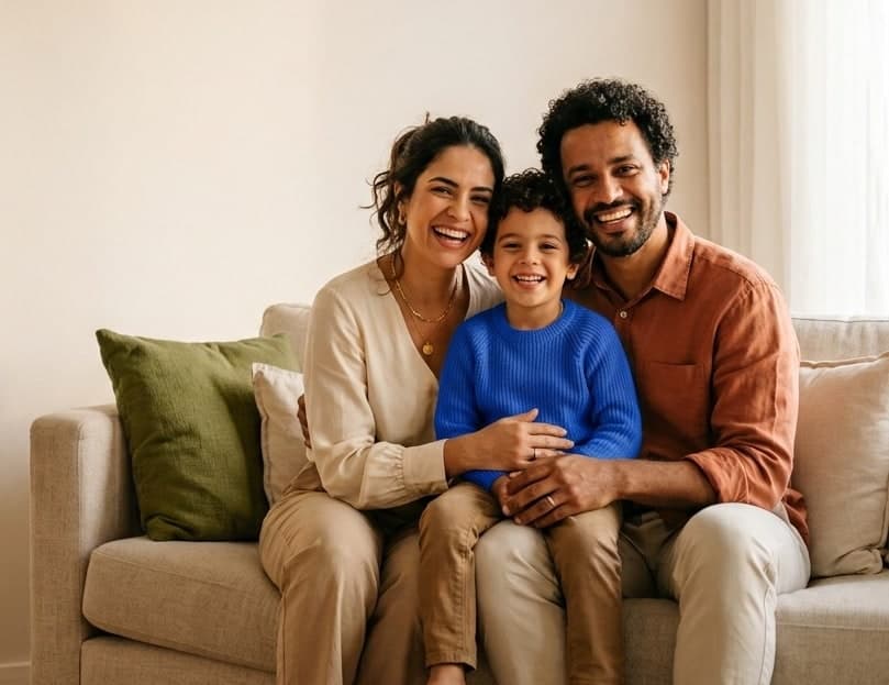 Casal com uma criança no colo, sentados no sofá da sala, sorrindo